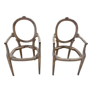 Pair of Vintage Louis XVI Style Hand-Carved Faux Bois Wood Armchairs – Upholstery Ready For Sale
