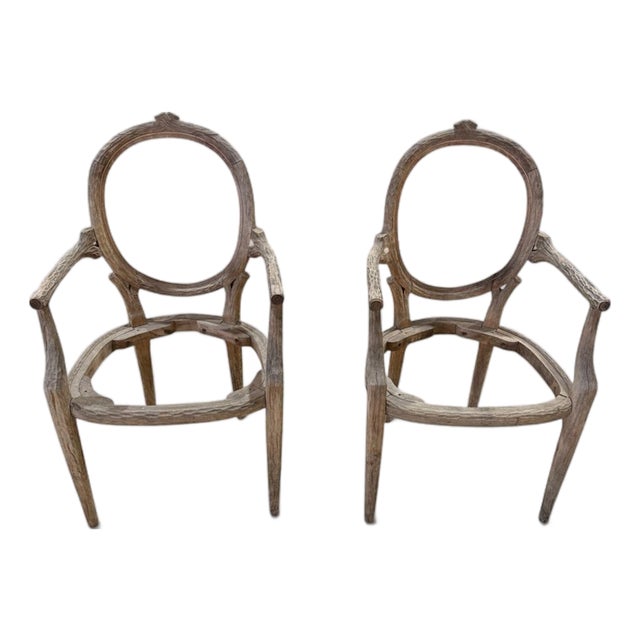 Pair of Vintage Louis XVI Style Hand-Carved Faux Bois Wood Armchairs – Upholstery Ready For Sale