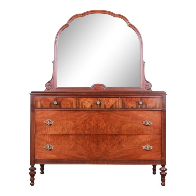 Antique Burled Walnut Dresser With Mirror Attributed to Baker Furniture