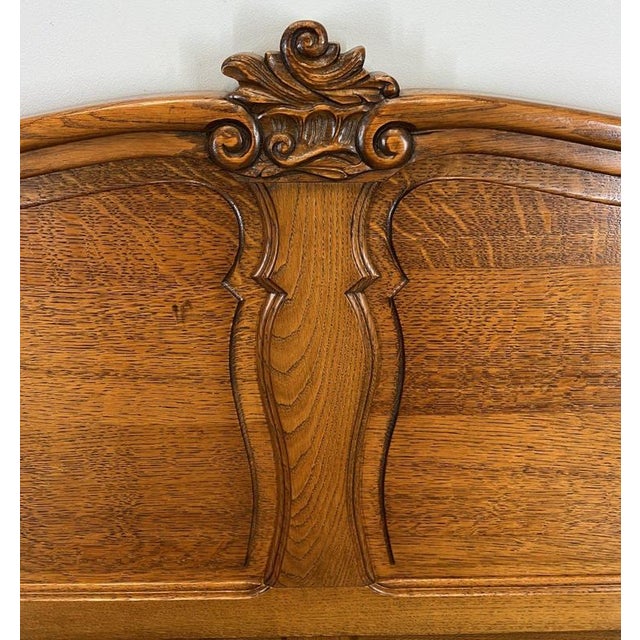Brown Vintage French Louis XVI Style Double Bed Frame in Oak with Carved Headboard For Sale - Image 8 of 11