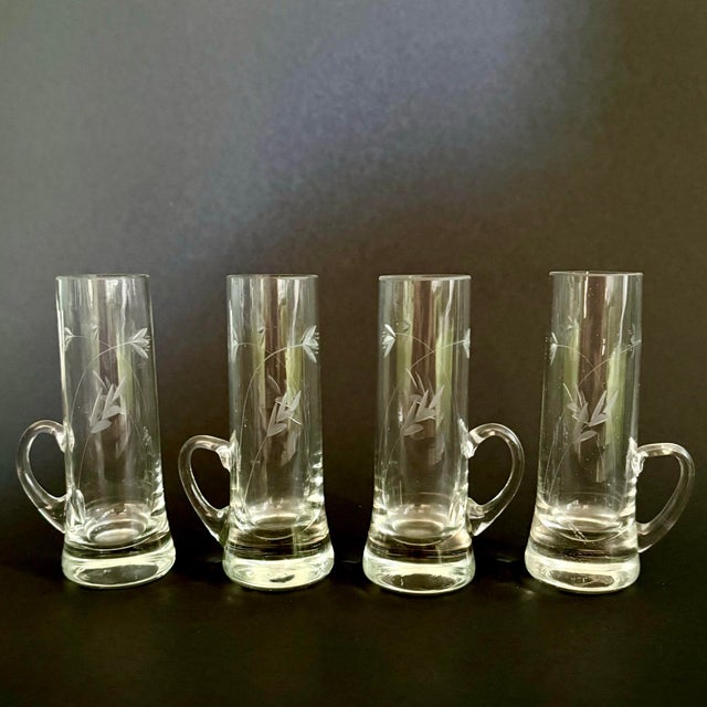1960s Vintage Shot Glasses With Handle Blown Glass Etched Floral Limoncello or Vodka Glasses - Set of 4 For Sale - Image 5 of 6