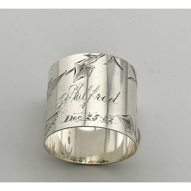 Antique American Hand Engraved Christmas 1882 Sterling Silver Owl & Butterfly Napkin Ring for "Alfred" For Sale - Image 11 of 17
