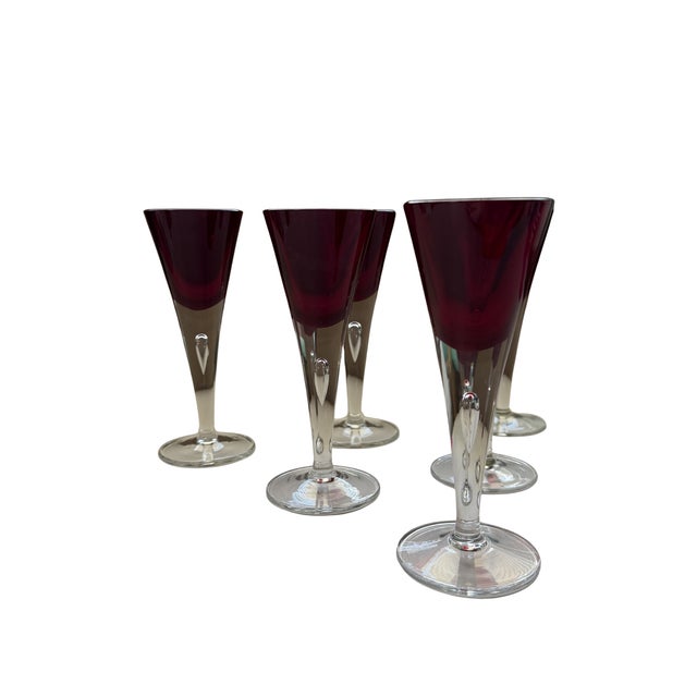 Mid-Century Modern Vintage Mid-Century ModernPolish Ruby Red Art Glass Cordial Glasses Set of 6 Stemware For Sale - Image 3 of 14