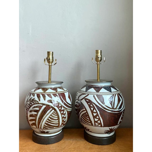 Vintage Hand-Painted Ceramic Lamps - Pair For Sale - Image 4 of 15