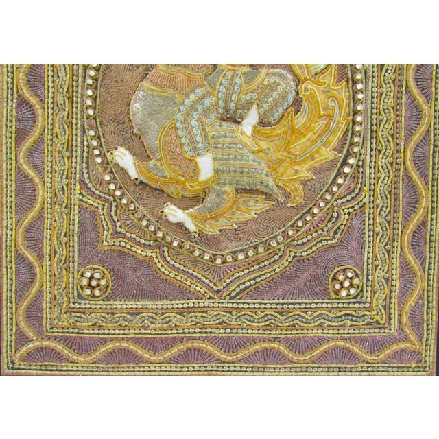 1940s Framed Antique Myanmar Thai Burmese Kalaga Padded Tapestry With Phoenix Bird For Sale - Image 5 of 13