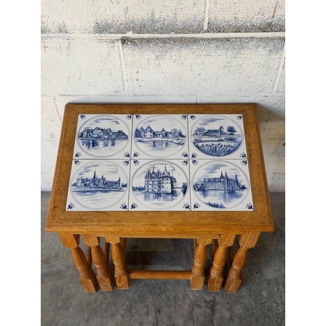 Solid Oak Nesting Tables Set of 3 With Blue and White Ceramic Tiles Mid-Century Modern 1970s For Sale - Image 4 of 10