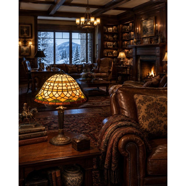 In excellent condition, a beautifully crafted antique Tiffany-style table lamp shade (shade only, needs wiring). The shade...