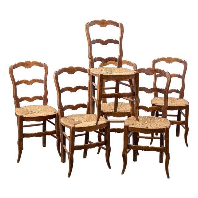 Set of 6 | Antique French Rush Ladder Back Chairs For Sale
