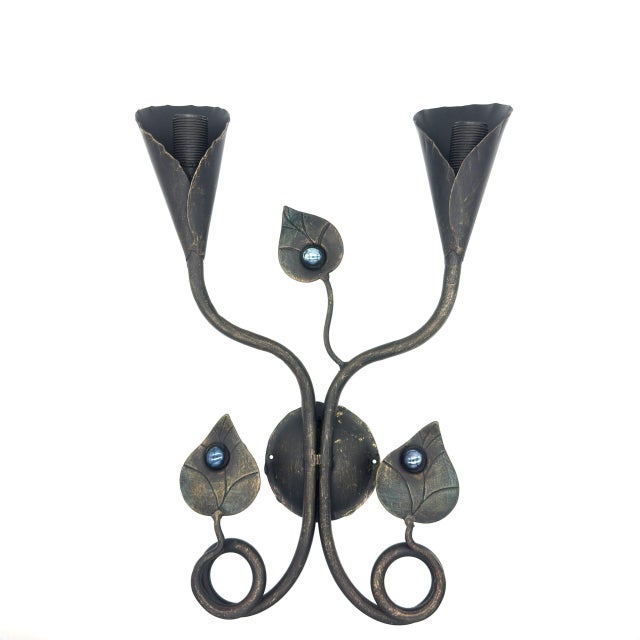 2020s Hand-Forged Wrought Iron Double Wall Sconce (Sapphire Blue Jeweled Botanical Motif) Artistic Fixture For Sale - Image 5 of 5