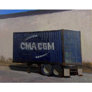 Trailer by Brad Davis | Oil on panel Painting of a blue shipping container on a trailer. For Sale