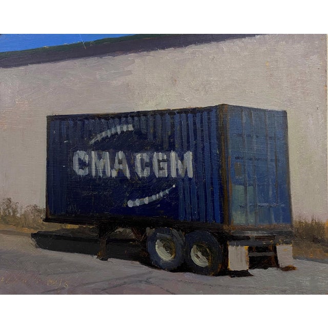 Trailer by Brad Davis | Oil on panel Painting of a blue shipping container on a trailer. For Sale