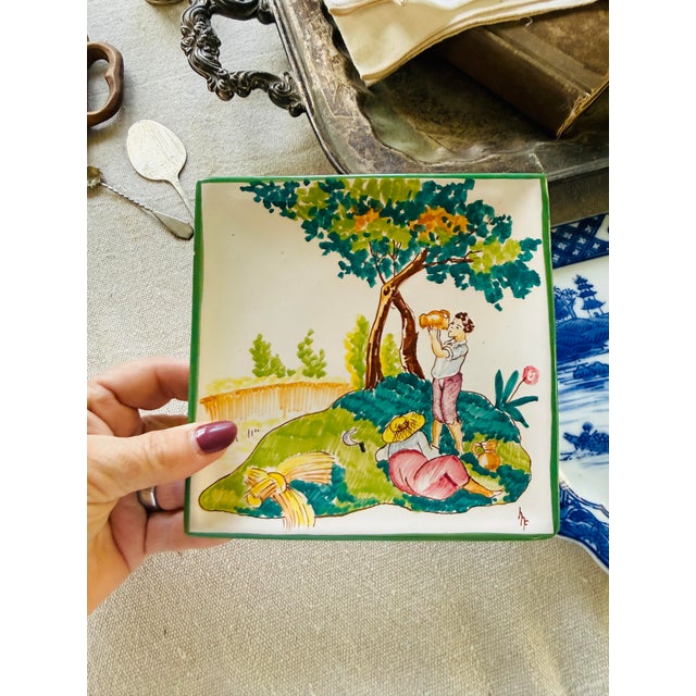 Grand Tour Vintage Italian Hand Painted Summer Wall Plate Harvest Scene 6.25 Inch For Sale - Image 3 of 7