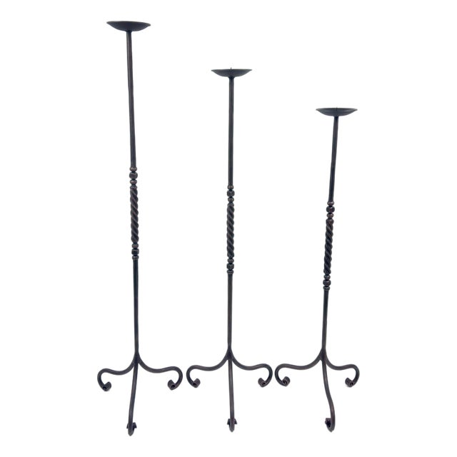 Hand Forged Iron Candelabra Set of 3 (90-110cm) Antique Copper Finish Barley Twist Stem with French Scroll Feet For Sale
