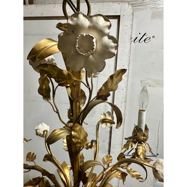 Vintage Italian Gilded Tole and Cream Enamel Floral 6-Light Chandelier For Sale - Image 15 of 17