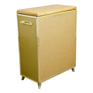 Mid Century Modern Laundry Basket Metal Caddy Gold Vintage MCM Lift Top Bright For Sale