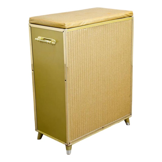 Mid Century Modern Laundry Basket Metal Caddy Gold Vintage MCM Lift Top Bright For Sale