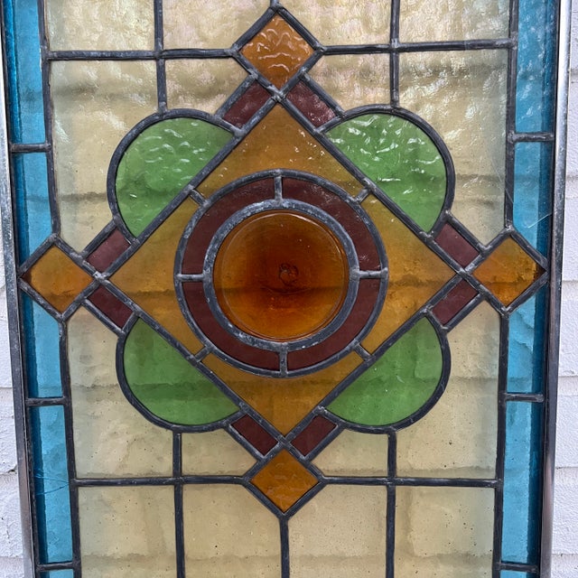Arts & Crafts Antique Leaded Stained Glass Window With Amber Eye For Sale - Image 3 of 8