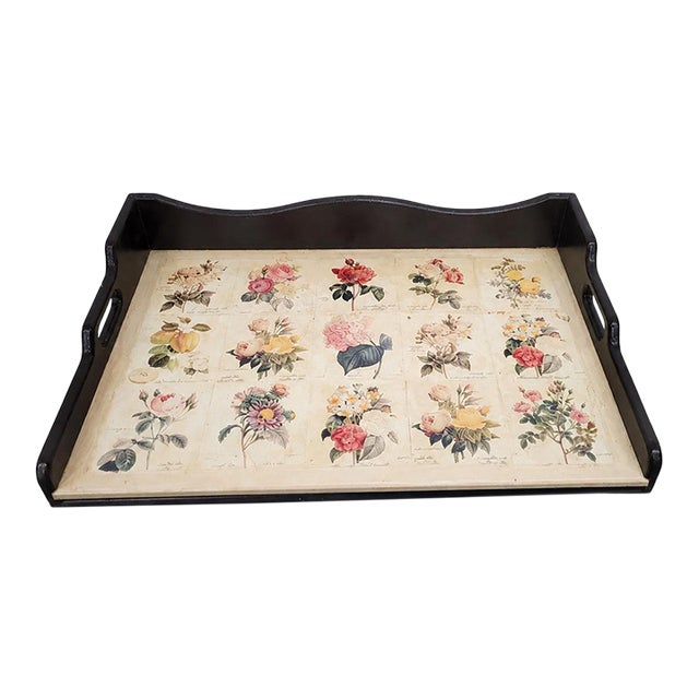 1920 Botanical Wood Butler Serving Tray Large Floral English Country Decor For Sale