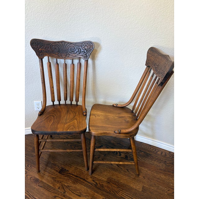 Pair of American Late Victorian Carved Elm Pressed-Back Spindle Side Chairs, C. 1890–1910 For Sale - Image 9 of 11