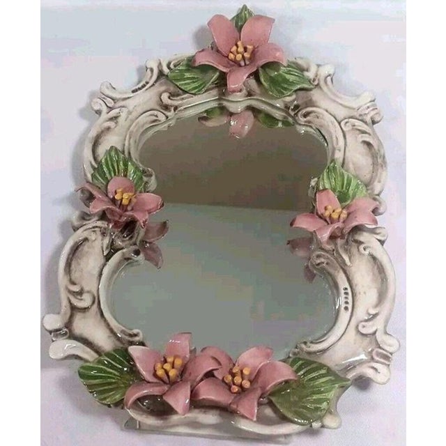 Mid 20th Century Vintage Capodimonte Italy Porcelain Floral Vanity Mirror – Pink Flowers – 14.5” For Sale - Image 5 of 7