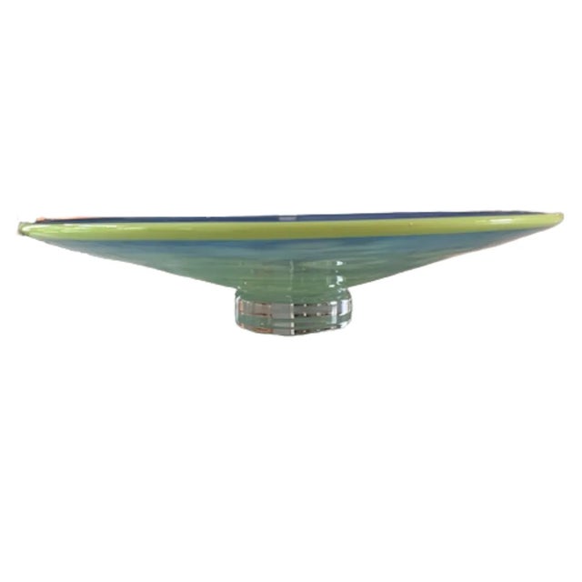 Modern Vintage Kosta Boda Blue/Green Art Glass Footed Bowl/Platter For Sale - Image 3 of 13