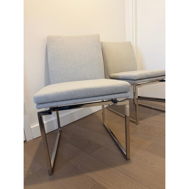 Contemporary Pair of Modern Nuevo Savine Light Grey Tweed Dining Chairs With Polished Stainless Cantilever Bases For Sale - Image 3 of 9