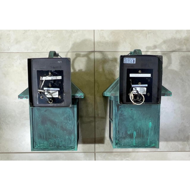 Pair of Vintage Solid Brass Outdoor Lanterns – Arts & Crafts Mission Style For Sale - Image 12 of 13