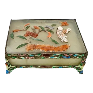 Early 1900s Chinese Jade Box Semi Precious Stones