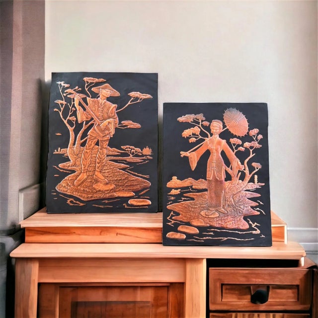Rustic 1970s Asian Copper Relief Pictures- Set of 2 For Sale - Image 3 of 12