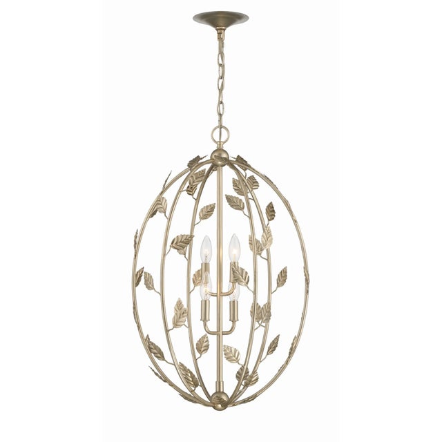 Each of the six arms that form the cage of the oval-shaped Avon Chandelier is adorned with handmade leaves. A study in...