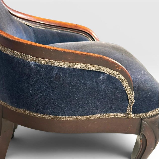 Antique Victorian Walnut Rococo Revival Navy Velvet Parlor Chair For Sale - Image 11 of 12