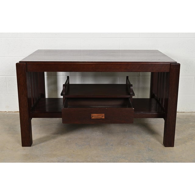 Early 20th Century Limbert Style Antique Mission Oak Arts & Crafts Desk or Library Table, Circa 1910 For Sale - Image 5 of 14