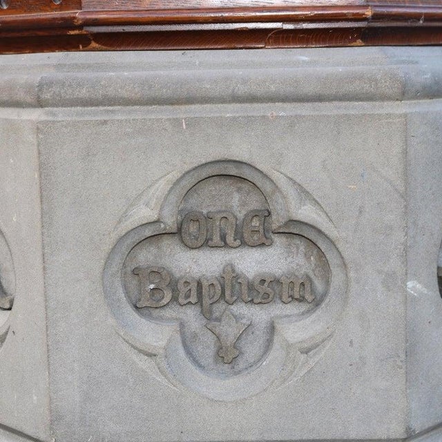 Antique Gothic Hardstone, Brass, Oak & Wrought Iron Baptismal With Boom 19thC For Sale - Image 10 of 17