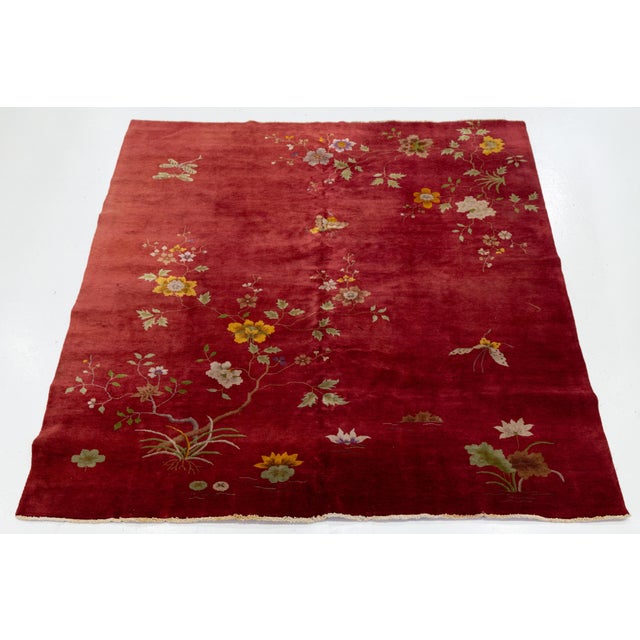 Antique Red Art Deco Chinese Handmade Wool Rug For Sale - Image 4 of 11