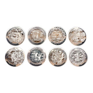 1950s Piero Fornasetti Ceramic Complete Set of Neo-Classical Mythological Gold Coasters- Mitologia Pattern For Sale