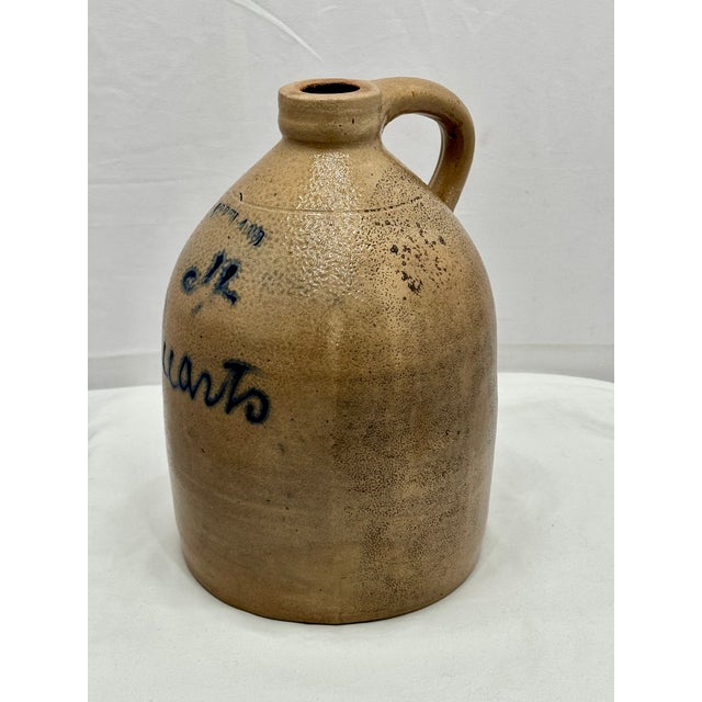 Blue Unusual Small Antique American Blue Script Decorated "4 Quarts" 1 Gallon Size Stoneware Sprits Jug by Cortland New York For Sale - Image 8 of 18
