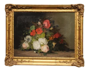 Mid 19th Century French Floral Still Life Oil Painting, Framed