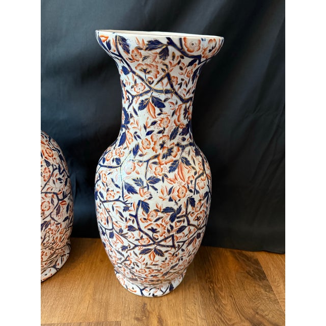 1940s Pair of Large Vintage Japanese Imari Porcelain Floor Vases – 22” Tall, Prunus Blossom & Floral Motif For Sale - Image 5 of 7
