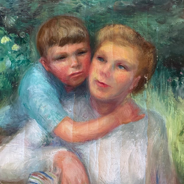 1960s 1960s Impressionist Oil Painting: Listed Maine Artist Emily Muir (1904–2003) Large Figural Garden Scene With Mother and Children, Oil on Canvas For Sale - Image 5 of 8