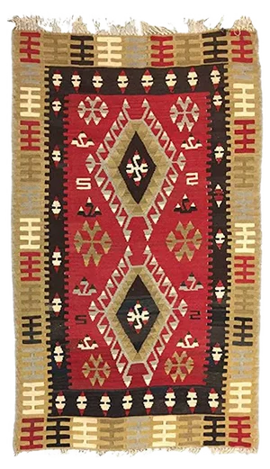 Vintage Turkish Black, Red, and Beige Wool Tribal Kilim Rug, 1950s