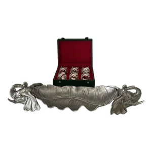 Vintage Arthur Court Cast Aluminum Decorative Elephant Serving Tray and Napkin Rings with Case - Set of 8