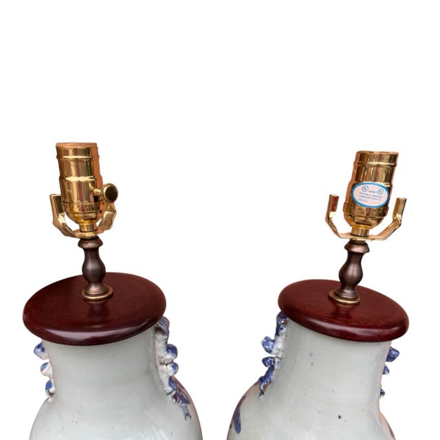19th Century Chinese Blue & White Celadon Glazed Pottery Vase Table Lamps - A Pair For Sale - Image 10 of 12