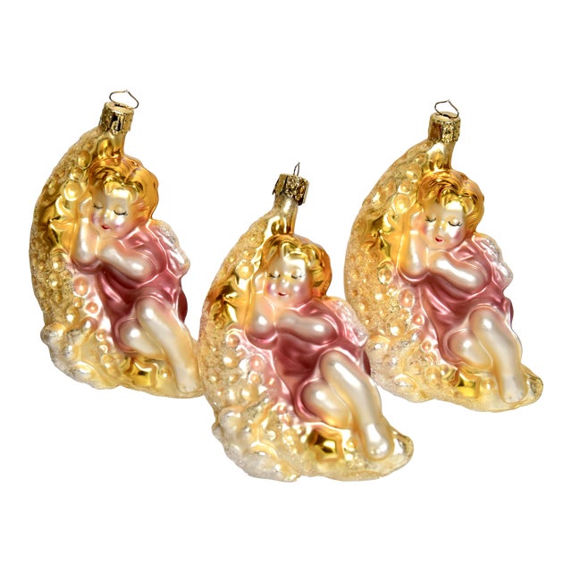 Large 1990s Sleeping Angel German Glass Ornaments- Set of 3 For Sale