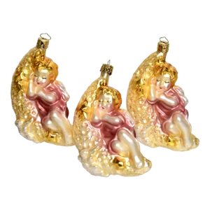 Large 1990s Sleeping Angel German Glass Ornaments- Set of 3