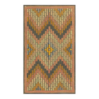 1880s Antique Multicolor Geometric Folk Art Knotted American Hooked Carpet Rug For Sale