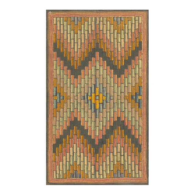 1880s Antique Multicolor Geometric Folk Art Knotted American Hooked Carpet Rug For Sale