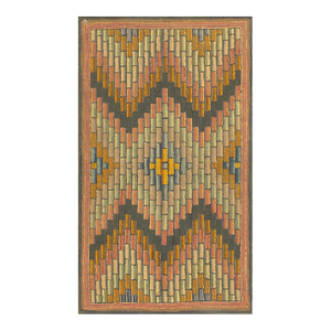 1880s Antique Multicolor Geometric Folk Art Knotted American Hooked Carpet Rug