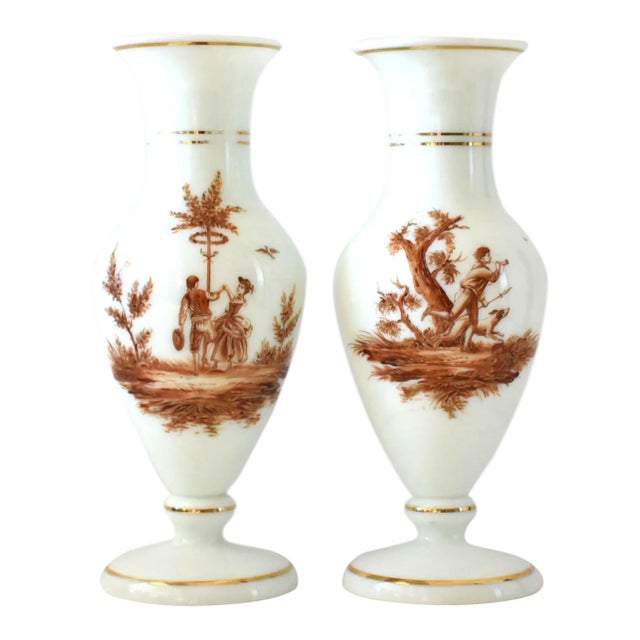 19th-Century Antique French Sepia Grisaille White Opaline Glass Baluster Vases - a Pair For Sale