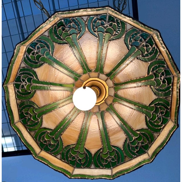 Antique Arts & Crafts j.a. Whaley & Co. Rare Mixed Slag & Stained Glass 12-Sided Swag Pendant Chandelier Lamp For Sale - Image 12 of 12