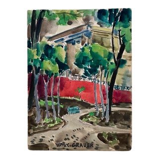 William C Grauer (1895-1985) Untitled (Stone Bridge) Ink and Watercolor 1940s For Sale